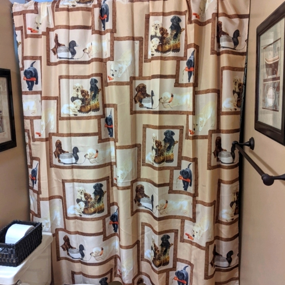 EUC Bacova Tan Shower Curtain w/Fun Retriever Puppies Design Sz 72"x68"
